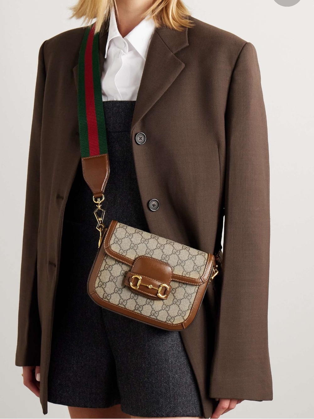 Gucci Beige Canvas and Brown Leather Horsebit Crossbody with Green-Red Strap